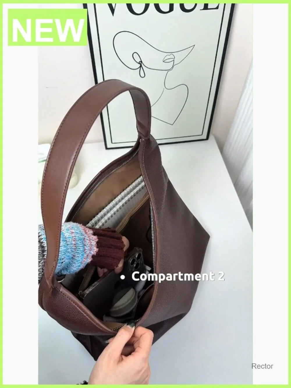 Large Full-Zip Hobo Bag, Soft Vegan Leather Slouchy Shoulder Work Tote, Center